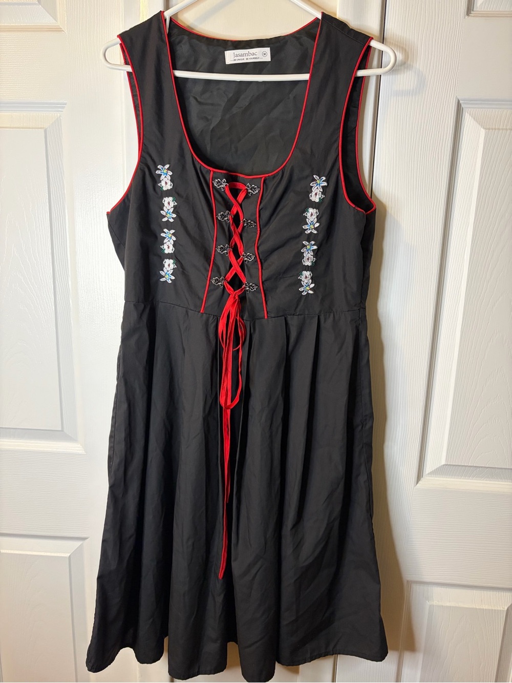 Jasambac Women’s German Dirndl Dress Black & Red Oktoberfest Bavarian Costume